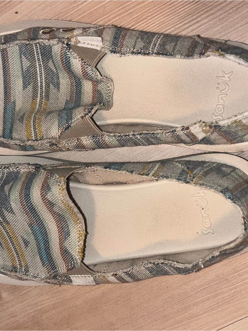 Sanuk Women’s Stripe Canvas Slip-On Flats in Blue, Green & Yellow